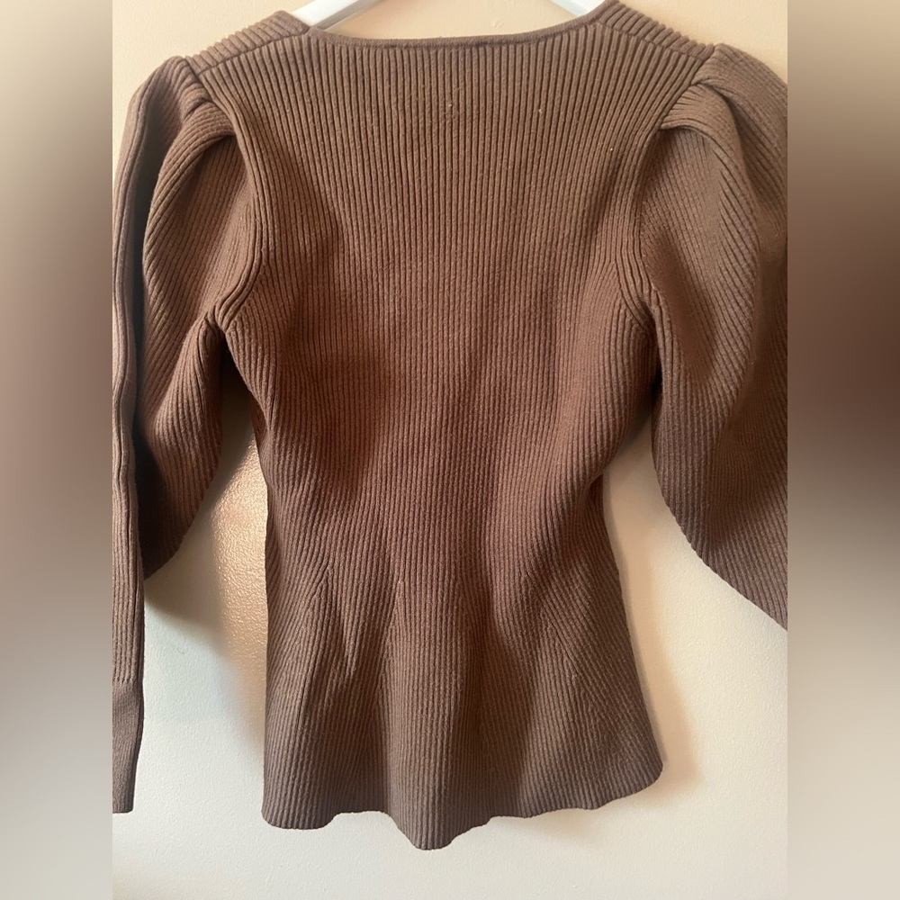 Zara brown square neck knit sweater top size medium fitted bohemian puff sleeve - Picture 8 of 14